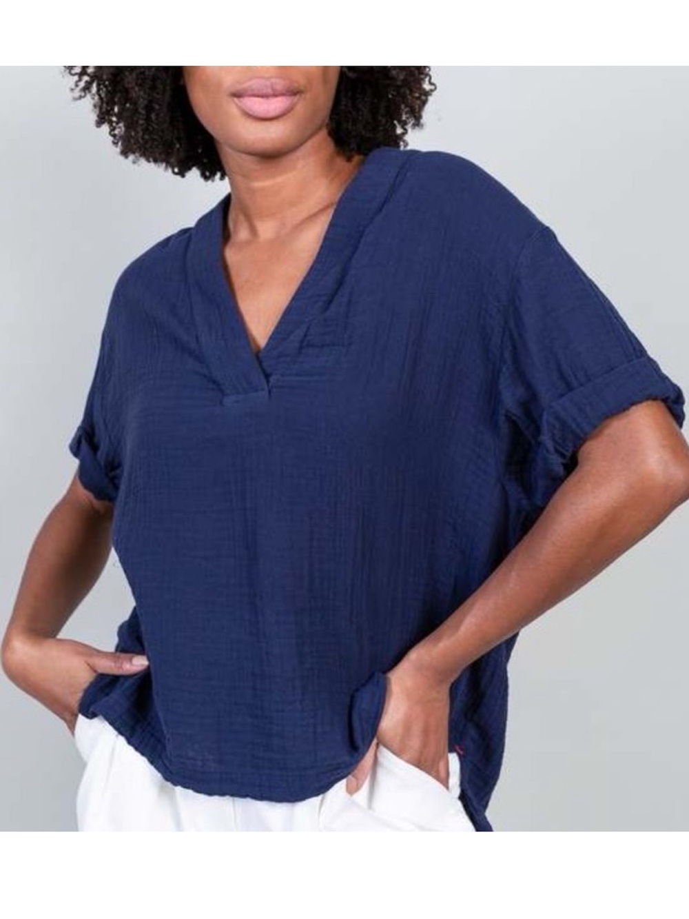 Xirena Large Avery Top Navy Blue Relaxed Cotton Gauze Nautical